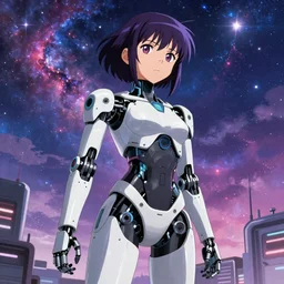 makoto shinkai. robotic android girl. futuristic cyberpunk. dystopia. vibrant nebula sky.............................................................. anime girl.