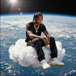 Travis Scott sitting on a cloud over Earth, 4k, Aubrey Powell, vintage photo, lens flare, beautiful cinematography, surreal, film grain