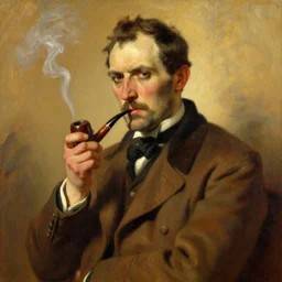 handsome gaunt man with receding hair, in a smoking jacket, holding a pipe, warm colors, hard angles, painting by gaston bussiere, craig mullins, j. c. leyendecker