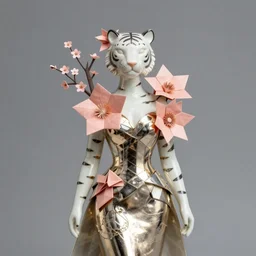 portrait of a beautiful ceramic female tiger model wearing sakura and peach ( ( origami themed paper flower ) ) and metallic molded shaped gown, haute couture by issey miyake