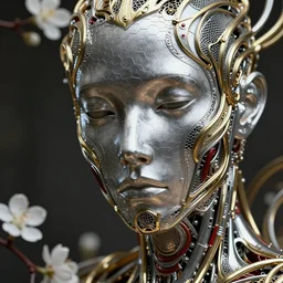 a melancholic realistic 8k Sculpture of a complex robotic human face, liquid simulation, dramatic lighting, silver gold red details, hexagonal mesh wire, filigree intricate details, cinematic, fleshy musculature, white blossoms, elegant, octane render, art nouveau, 8k post-processing, intricate artwork by moebius