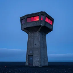 an old concrete brutalist observation tower from ww 2 with red light coming from inside. the tower stands in a icelandic beach, blue hour