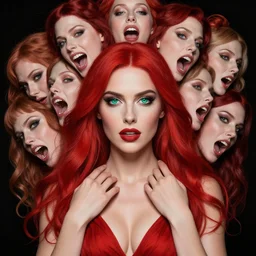 epic masterpiece full body portrait, Red Sonja, followed by head with many screaming faces, beautiful faces and flawless skin, perfect hands, emeralds by Edgar Maxence and Ross Tran and Michael Whelan
