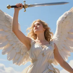 majestic dignified fantasy character close - up illustration of a female angel, wings spread, head thrown back, a sword raised in one hand, warm sunlight, bright blue sky, trending on artstation, digital art ( by jesper ejsing ) ( by clint cearley ) ( by raluca marinescu )