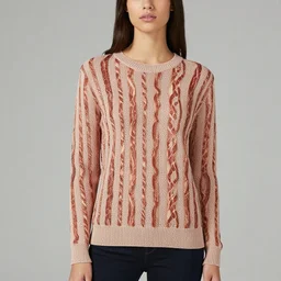 model wearing a sweater of bacon weave, product photo, jc penny catalog