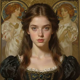 portrait of of young beautiful female princess, d & d, centered face, gothic dress, elegant, flat lighting, intricate, highly detailed, digital painting, artstation, concept art, smooth, sharp focus, illustration, closeup, misa amane, art by simon bisley and greg rutkowski and alphonse mucha, natural tpose