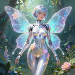 one beautiful cyber fairy in a cyberpunk garden, in shiny cyberpunk biosuit, body covers with neon flowers, elegant pose, realistic digital painting, artgerm, sakimichan, huang guangjian
