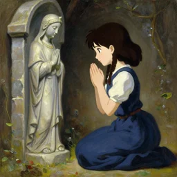 anime key visual of young girl in small monastery in the year 1 2 5 0, praying to statue of god, style of jamie wyeth james gilleard edward hopper greg rutkowski acrylic painting, oil on canvas, preserved museum piece, historical
