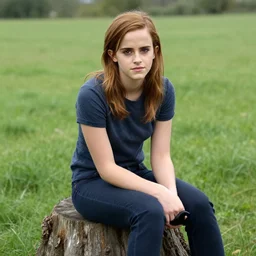 half portrait of emma watson sitting on a tree stump in a field, by slim aarons