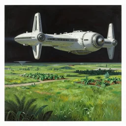 A beautiful matte painting of a sci-fi space station with a lush grassy field and agriculture by Syd Mead