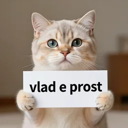 realistic high quality photo of a cute cat holding a sign with text that reads : vlad e prost