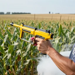 patriot holding a yellow nailgun in a corn field, fbi in distant background, 8 k, ultra realistic photograph