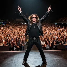 ozzy osbourne on a stage with a huge crowd cheering for him