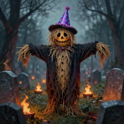 a bokeh photo of a spooky scarecrow with a birthday hat surrounded by cemetery fire, documentary film, an ultrafine detailed painting by james jean, cgsociety, figurative art, detailed painting, dystopian art, high detail greg rutkowski and andreas rocha, tristan eaton, victo ngai, artgerm, rhads, ross draws