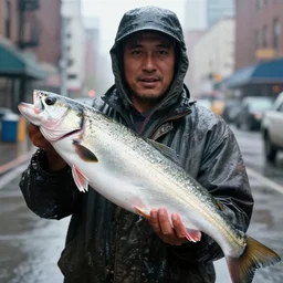 closeup portrait of a fisherman holding a big fish in a rainy new york street, photography, time magazine