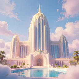 beautiful digital illustration of an Art Deco palace in the sky, world of tomorrow, architecture, realistic clouds, pastel color scheme, reflecting pool, concept art, deviantArt, artsation, artstation HQ, HD, 16k resolution, octane, finalRender, Unreal Engine