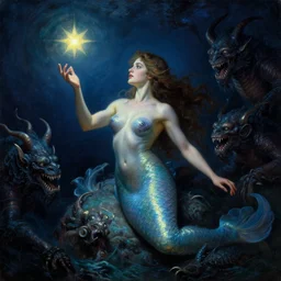 attractive male siren, night star casting a spell summoning sea demons, highly detailed painting by gaston bussiere, craig mullins, j. c. leyendecker, 8 k