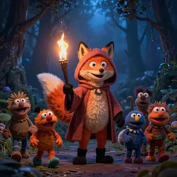 a large orange fox kitsune two tailed muppet wearing a hooded cloak holding a lit torch and herding a bunch of random muppet animals following behind through a dark foreboding misty blue forest at night, sesame street, photograph, photography, ultrarealistic, national geographic