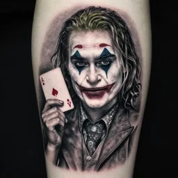 beautiful margot robbie with joker makeup tattoo design, holding an ace card, black and white, realism tattoo, hyper realistic, highly detailed