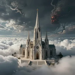 an epic matte painting of heaven versus hell, a big church buening in the middle of the frame, master shot, massive, cinematic lighting, soft render, symmetrical, clouds, darkness, 8 k, ultra high quality