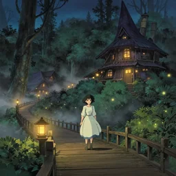 anime, ultrawide, realist, zerochan, paper texture, intricate, very detailed, studio ghibli movie scene, woman in a dress, beautiful forest village, lanterns, wood bridge, witch's hut, night!!!!, fireflies!!, fog