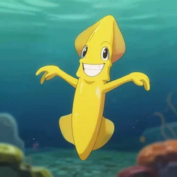 anime still shot of a yellow squid with a huge smile, arms outstretched to give hugs, floating in an underwater scene, shallow dof, f 2. 8, 1 7 mm lens