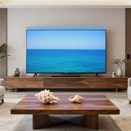 A modern living room inspired by the ocean, a luxurious wooden coffee table with large seashells on it, A huge television, amazing detail, 8k resolution, blue color, calm, relaxed style, harmony, wide angle shot