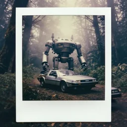 delorean car as mech oversized robot, fog, in eerie deep fairy jungle forest jungle, overcast! cinematic focus, old damagaed polaroid photo, vintage, neutral colors, faded!! very soft lights, big overcast, very foggy, full shot by steve hanks, by serov valentin, by lisa yuskavage, by andrei tarkovsky