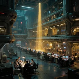 massive futuristic living quarters of a spacecraft with engineers working at the docks, cyberpunk, moody, luminescent, rule of thirds, golden ratio, ambient lighting, syd mead, greg rutkowski, wlop, artgerm, artstation, highly detailed masterpiece