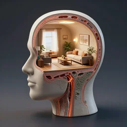 human head building, cross section view showing a miniature living room inside, unreal engine, 12k
