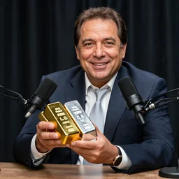 robert kiyosaki podcasting, holding gold and silver bars, hdr