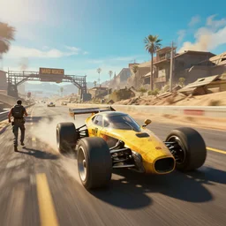 mad max fury road film still with the dolorean, racing on a post apocalyptic highway, gta 5, fallout 4, rocket league, hyper detailed, forza, smooth, high contrast, volumetric lighting, octane, george miller, jim lee, vibrant rich deep color, comic book, ridley scott