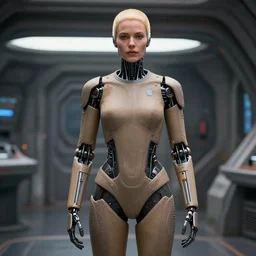 full body shot of a very pretty blond borg queen on a borg ship, cybernetic implants, perfect face, symmetrical face, moody lighting, shallow depth of field, 8 k, ultra realistic,