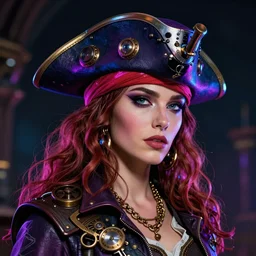 a head and shoulders portrait of a space pirate, neon, retro, steampunk, smooth, sharp focus, intricate, artstation, detailed concept art by Greg Rutkowski and Norman Rockwell and Caravaggio
