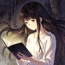 a girl reading a book, her hair flowing down, a character portrait by yoshitaka amano, featured on pixiv, fantasy art, official art, androgynous, anime