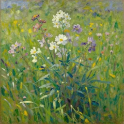 oil painting of flowers on meadow, bright romanticism by goya