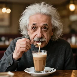 A photo of Albert Einstein eating Masala Chai, highly detailed, trending on artstation, bokeh, 90mm, f/1.4