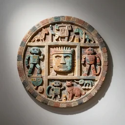 a maya hieroglyp with robots and cats, colored, white background