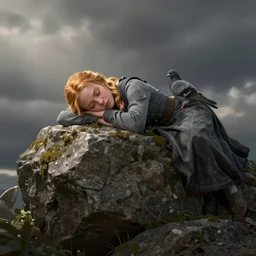 katniss everdeen sleeping on top of a pigeon, digital art by greg rutkowski