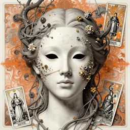 human portrait in vines and wires, face, wearing a carved mineral mask with tiny mineral and gold incrustations, godness, ethereal, elements, golden ratio, baroque, rococo, white + orange + ink + tarot card with ornate by marc simonetti, peter mohrbacher, detailed, intricate illustration, octane render, fractal bacground, mechanical