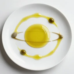 olive oil and vinegar drizzled on a plate in the shape of the solar system