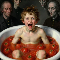 a boy like eraserhead sitting in a tub full of tomato sauce, looking straight into camera, screaming in desperation, by giuseppe arcimboldo and ambrosius benson, renaissance, fruit, intricate and intense oil paint, a touch of joseph cornell, beksinski and hr giger and edward munch, realistic