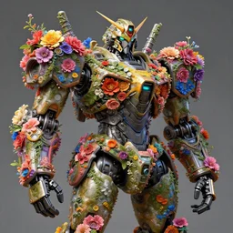 colourful vfx art - portrait of army mecha robot wrapped in flowers & vines, art by hsiao - ron cheng & james jean, volumetric light, ray tracing, sharp, detailed, digital painting, illustration, highly detailed, intricate detail, unreal engine, octane render, pinterest, behance, art station,