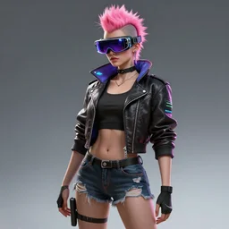 A female cyberpunk character concept art from Cyberpunk 2077, pink Mohawk, futuristic virtual reality goggles, 1980s high collar leather jacket, torn shorts, by Stanley Artgerm Lau, WLOP, Rossdraws, James Jean, Andrei Riabovitchev, Marc Simonetti, trending on artstation