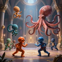 epic fight of colorful Ouroboros and enormous octopus floating around inside an ancient mage castle hall colossal scale, gothic and baroque, brutalist architecture, ultradetailed, intricate details by Ellen Jewett and Ayami Kojima