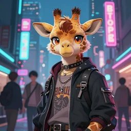 beautiful furry digital art portrait commission of an androgynous furry anthro giraffe fursona wearing punk clothes in the streets of a cyberpunk city. neon signs. character design by charlie bowater, ross tran, artgerm, and makoto shinkai