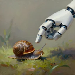 a robot hand touches a snail, realistic painting, digital art, trending on artstation