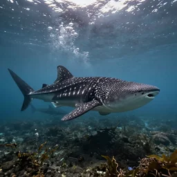 hyperrealistic underwater photography, panoramic picture of an ocean floor with in the distance are some whale sharks. focus on the sharks. the sharks are anatomically correct and highly detailed. lots of bubbles. seaweed and some rocks. gloomy scattered light entering from the water surface, trending on artstation, hq, 4 k