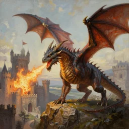 hyperrealistic fantasy oil painting, as a book cover illustration, of a lifelike medieval dragon breathing fire upon a castle, as a dark souls boss, ultradetailed, surrounded by lush forest, high readability, concept art, dreamlike, art by brothers hildebrandt