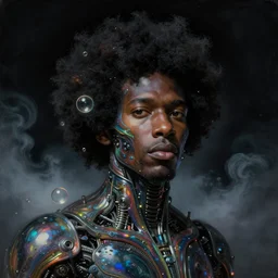 a neoclassicist close - up portrait of a retrofuturistic black man with an afro cloaked in lovecraftian iridescent and reflective alien technology with glowing bubbles. foggy black background with dark puffy glowing clouds. highly detailed science fiction painting by norman rockwell, frank frazetta, syd mead and moebius. rich colors, high contrast, gloomy atmosphere, dark background. trending on artstation.